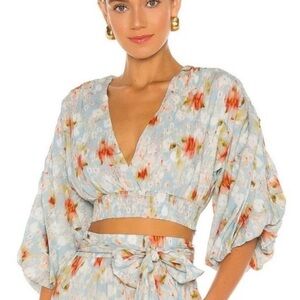 MISA Los Angeles - Nordstrom Floral V-Neck Cropped Blouse in Light Blue